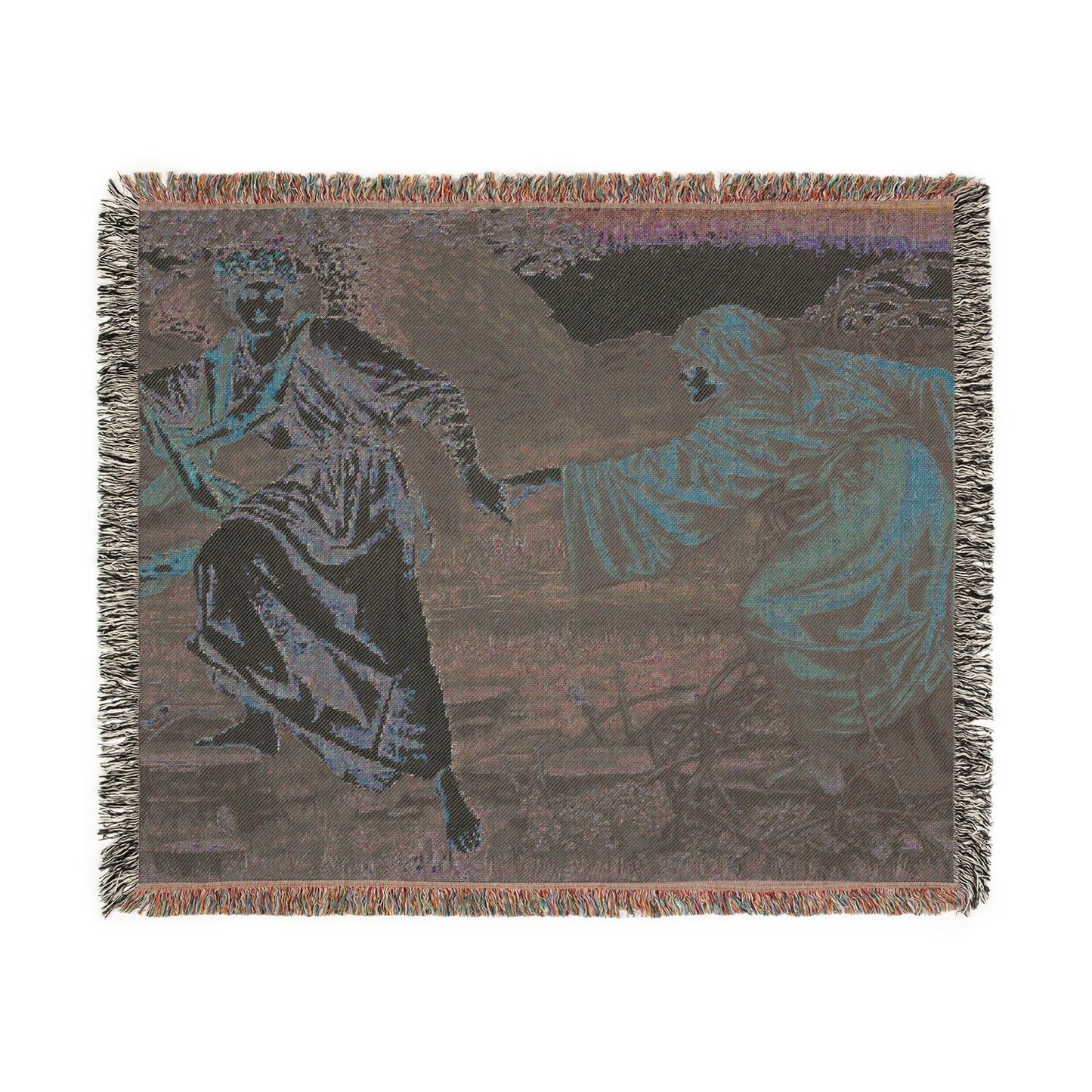 Woven blanket with classical scene of a man and woman, possibly from mythology, on a plain background.