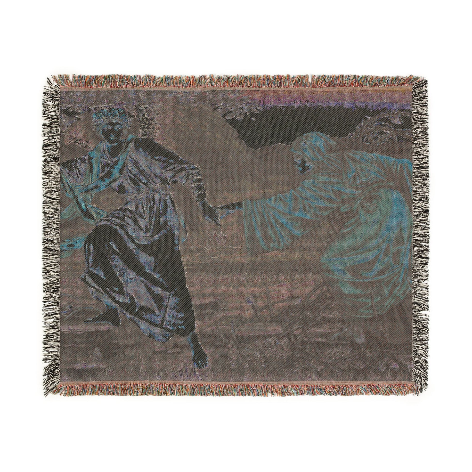 Woven blanket with classical scene of a man and woman, possibly from mythology, on a plain background.