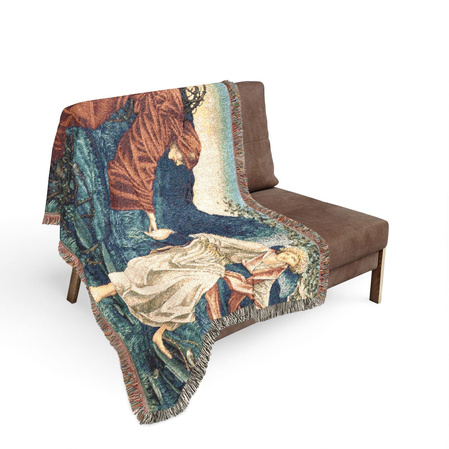 Decorative tapestry blanket with classical scene draped over a brown chair on a white background