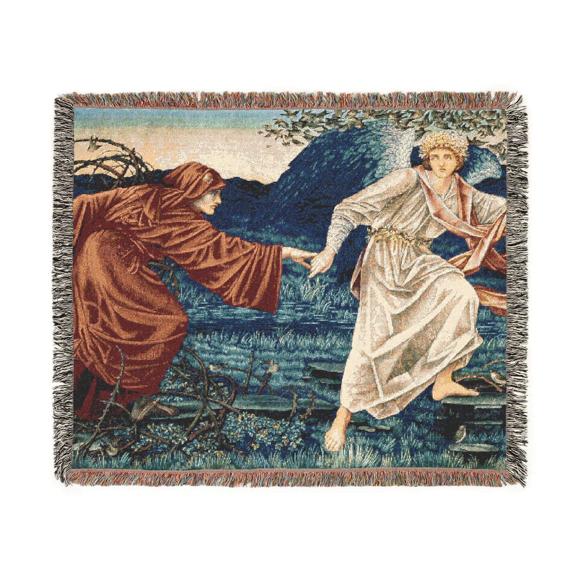 A woven cotton blanket with a geometric pattern featuring a historical artistic depiction in vibrant colors, with a fringed edge.