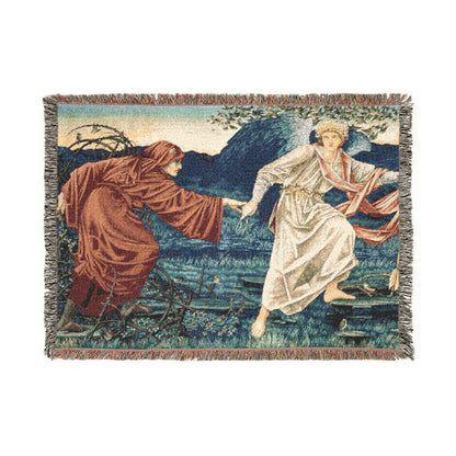 Woven tapestry with two figures in a natural setting on a white background