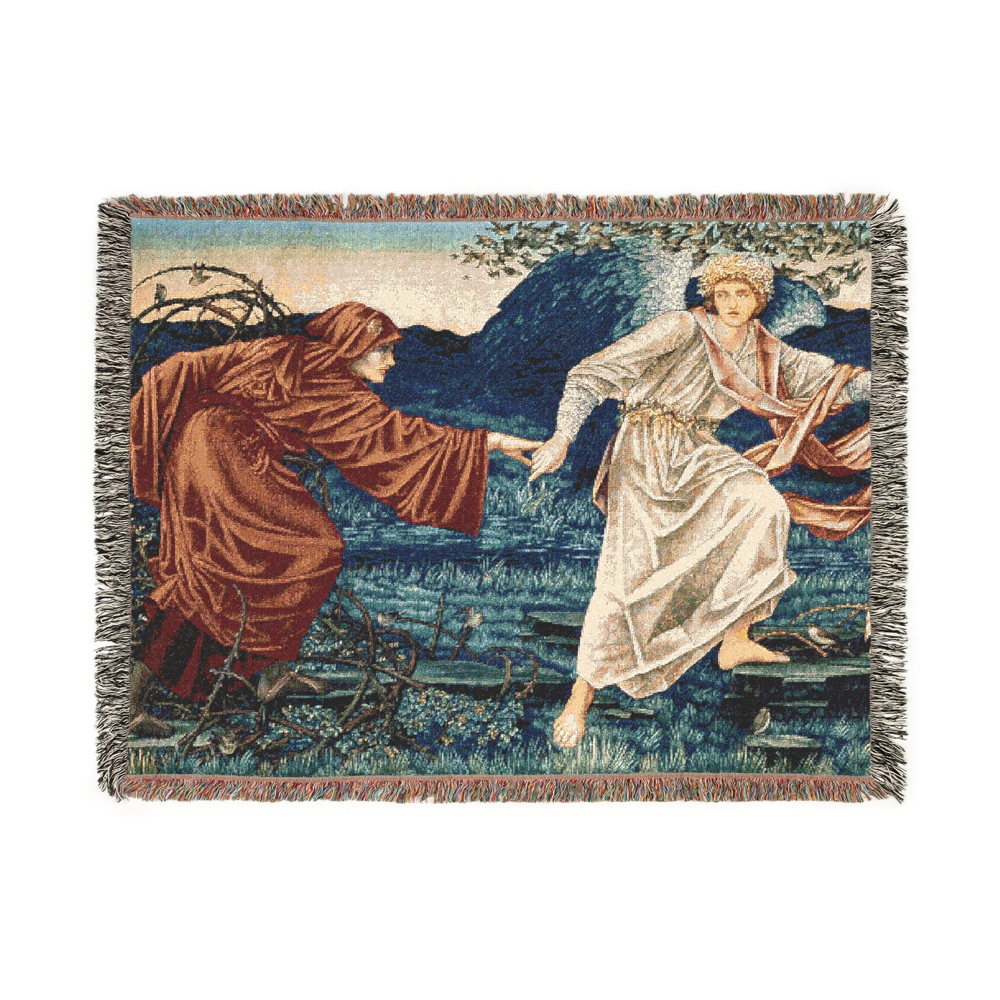 A woven cotton blanket with a geometric pattern featuring a historical artistic depiction in vibrant colors, with a fringed edge.
