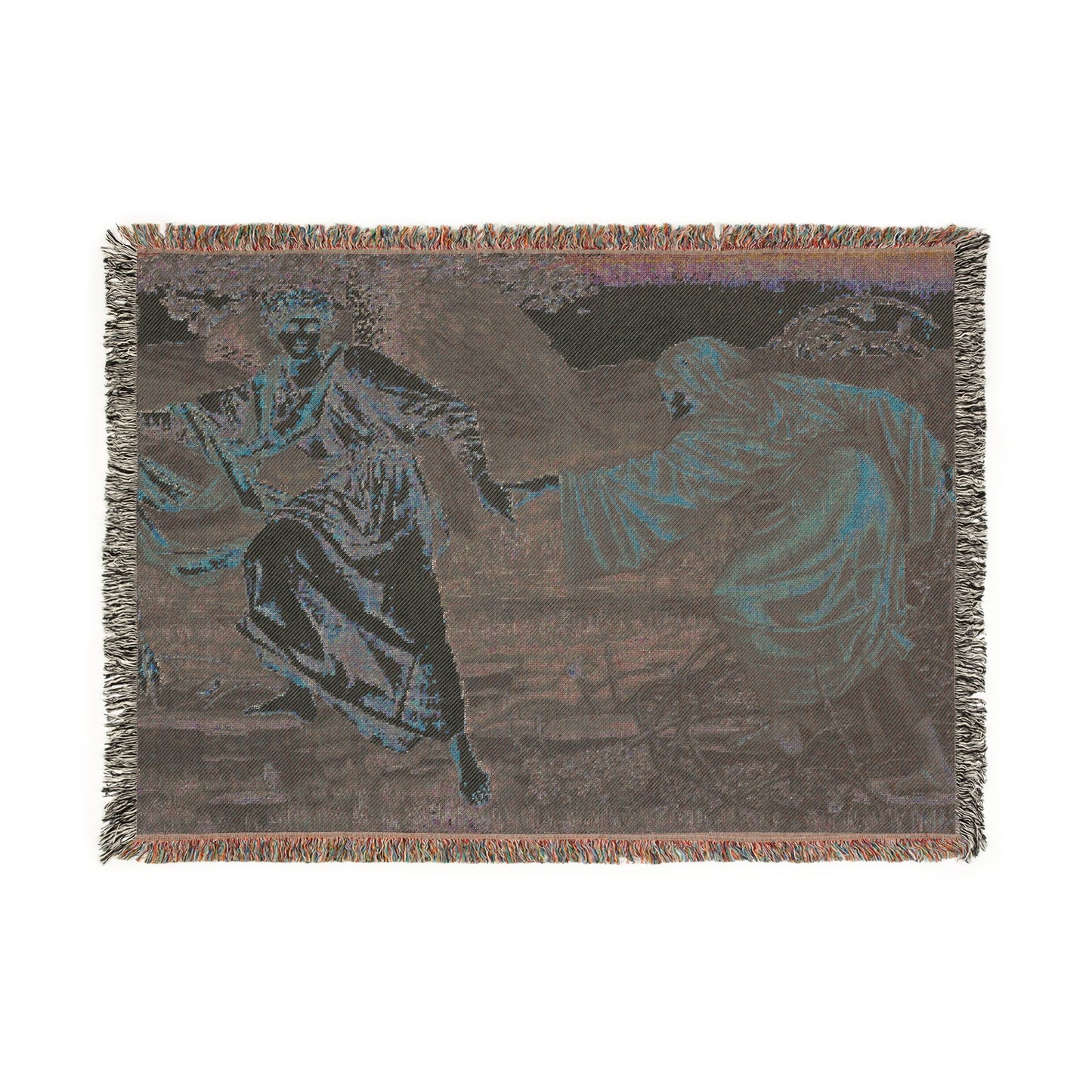 A woven cotton blanket with a William Morris & Co pattern featuring a historical artistic depiction in vibrant colours, with a fringed edge.