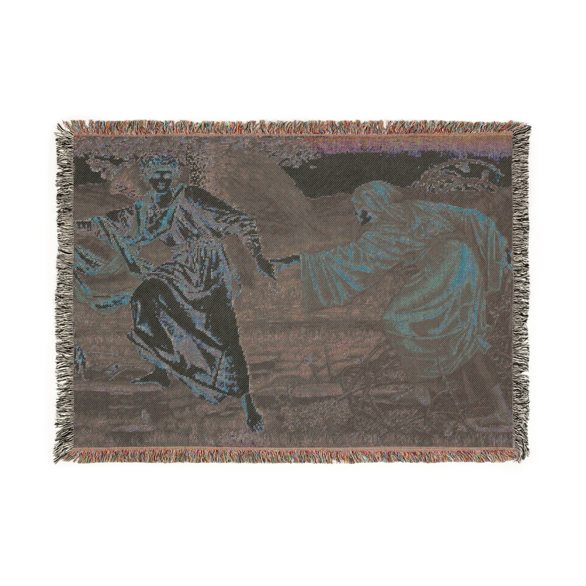 A woven cotton blanket with a William Morris & Co pattern featuring a historical artistic depiction in vibrant colours, with a fringed edge.