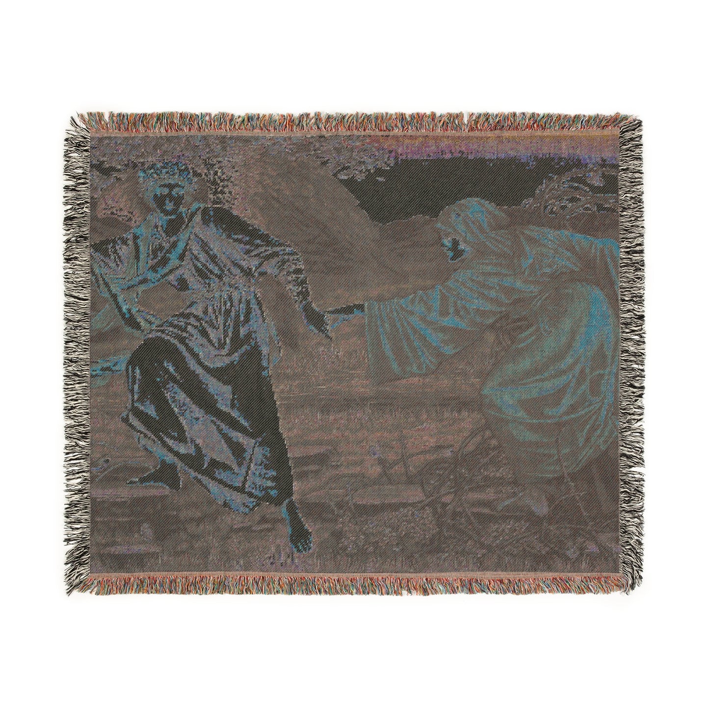 A woven cotton blanket with a William Morris & Co pattern featuring a historical artistic depiction in vibrant colours, with a fringed edge.