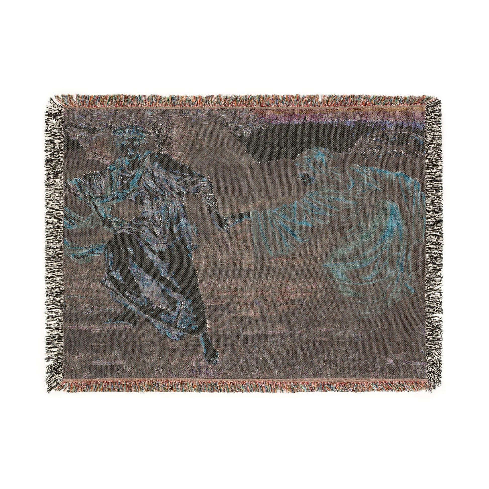 A woven cotton blanket with a William Morris & Co pattern featuring a historical artistic depiction in vibrant colours, with a fringed edge.