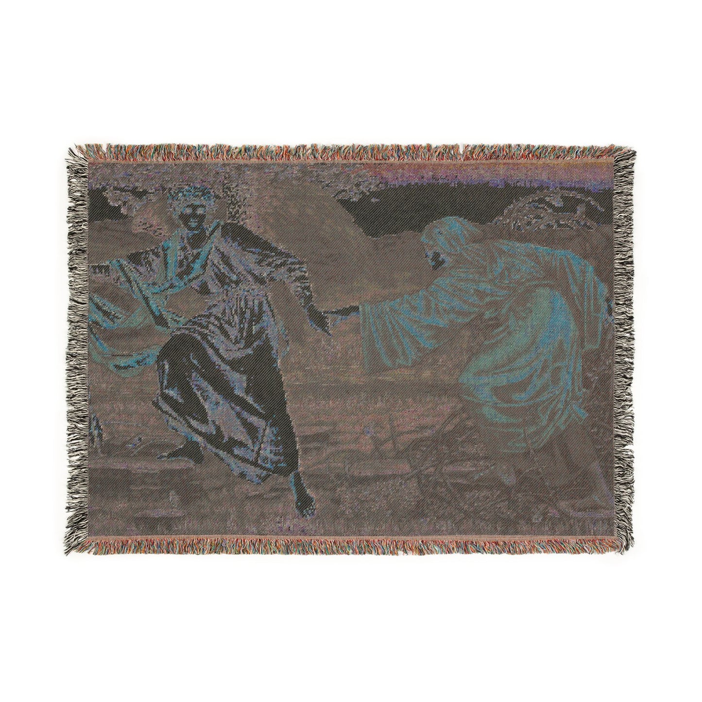 Woven blanket with a design of a person and a camel on a white background