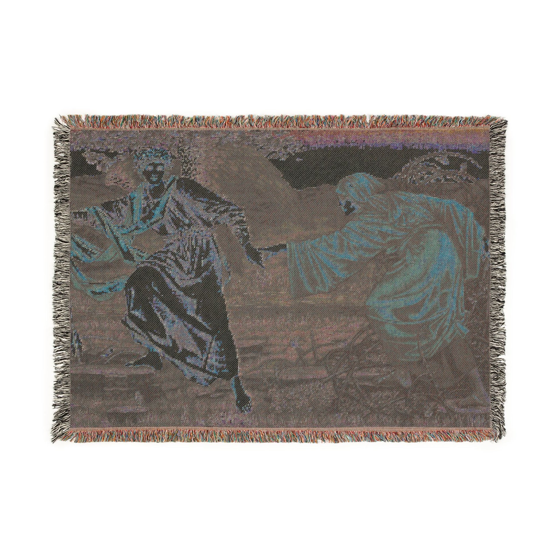 Woven blanket with a design of a person and a camel on a white background