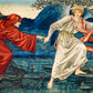 Two figures in classical attire holding hands by a body of water with a large bird in the background.