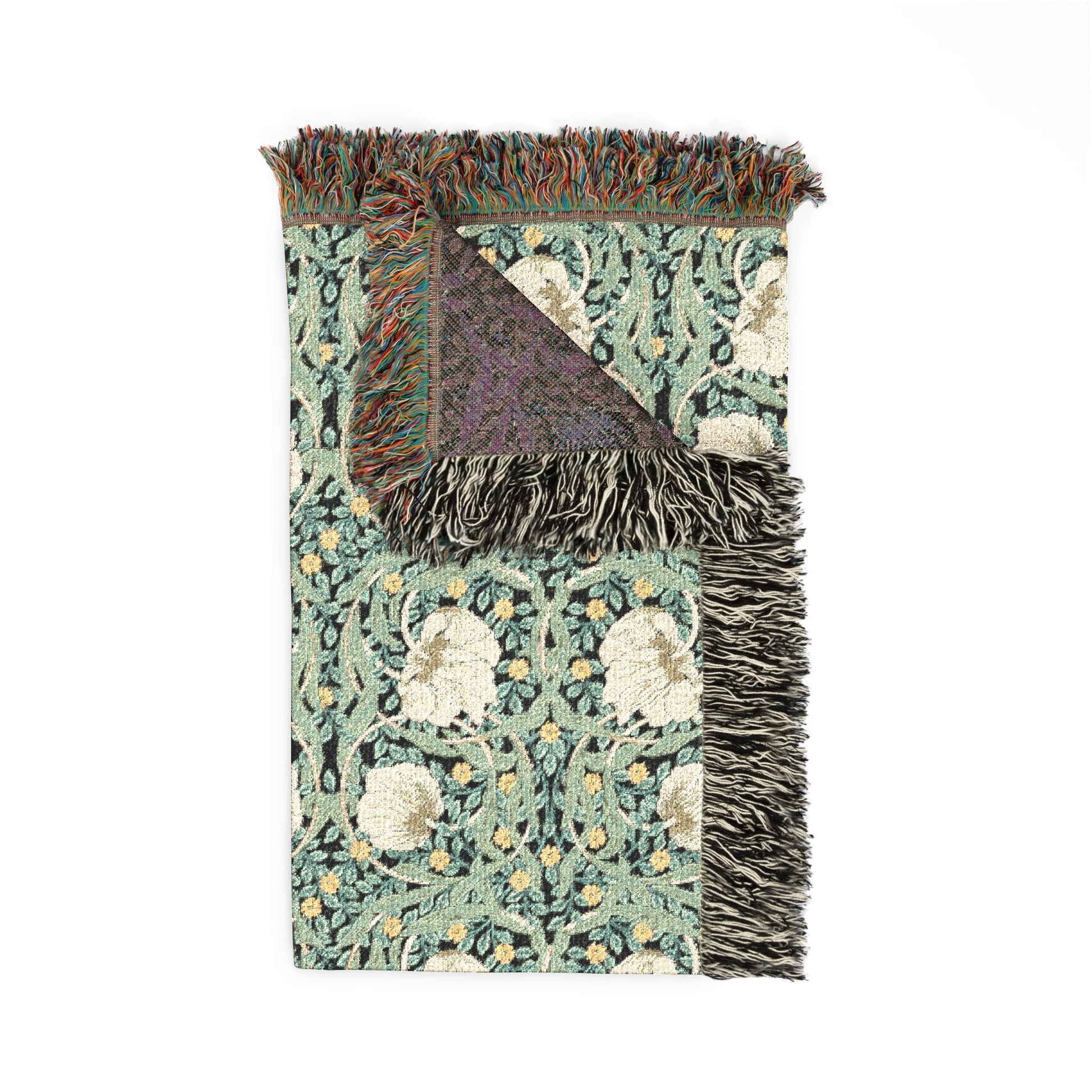 Woven rug with striped pattern and fringed edges on a white background