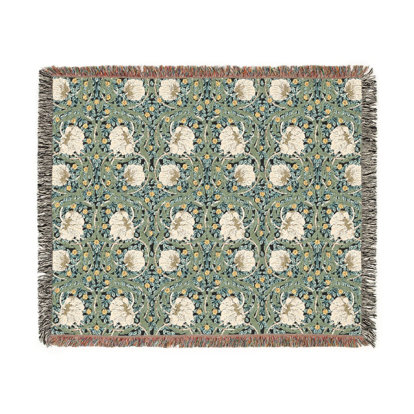 A woven cotton blanket with a green and floral pattern, featuring a colorful fringed edge.