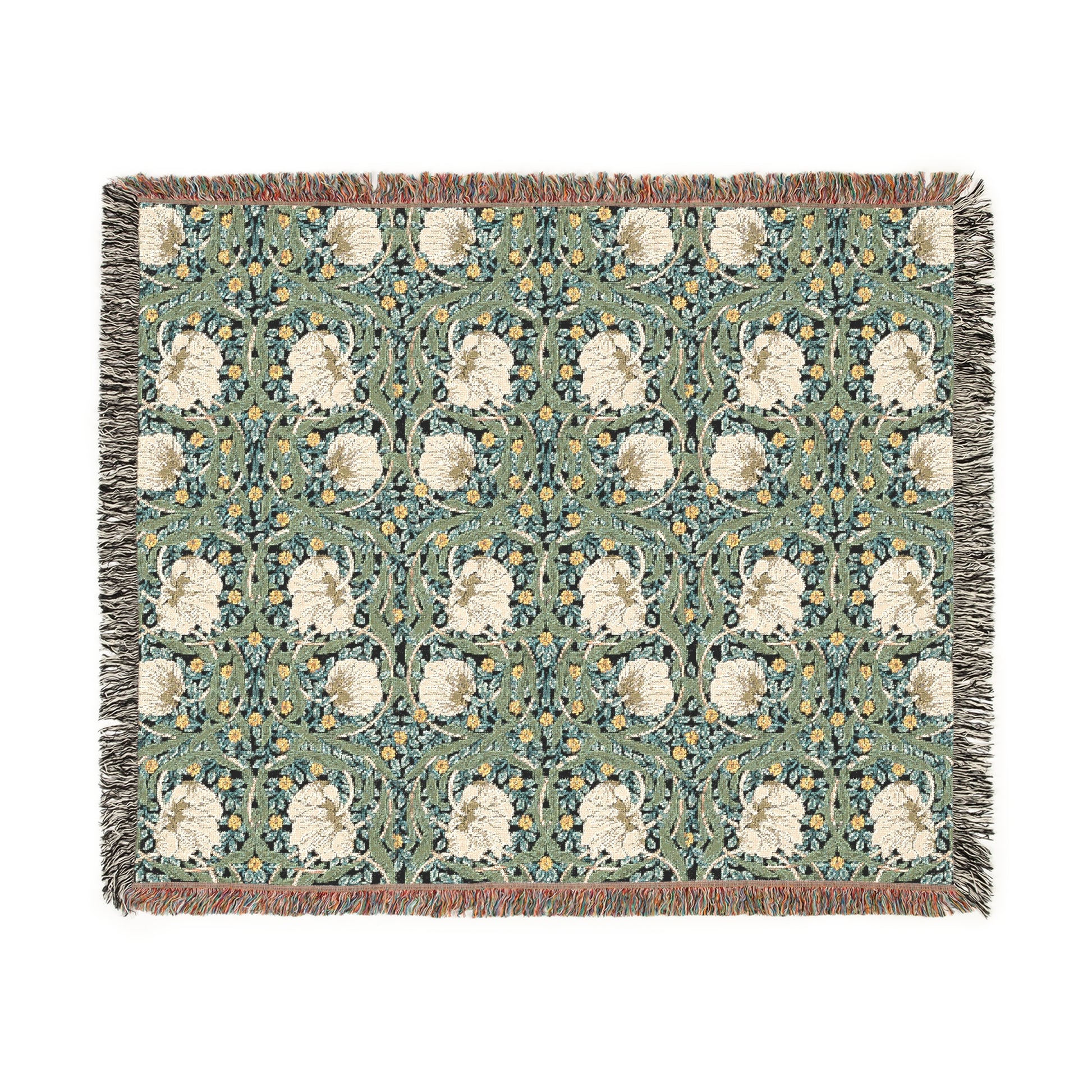 A woven cotton blanket with a green and floral pattern, featuring a colorful fringed edge.