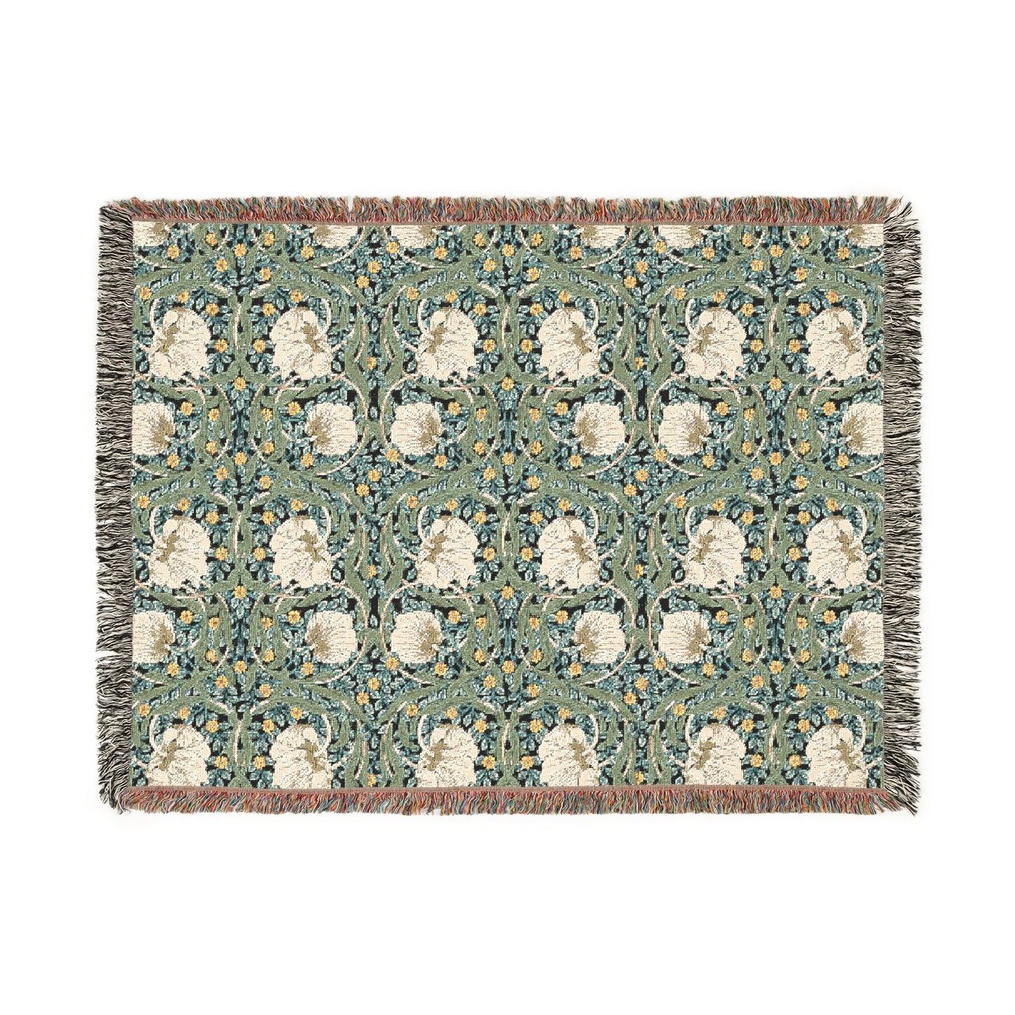 A woven cotton blanket with a green and floral pattern, featuring a colorful fringed edge.