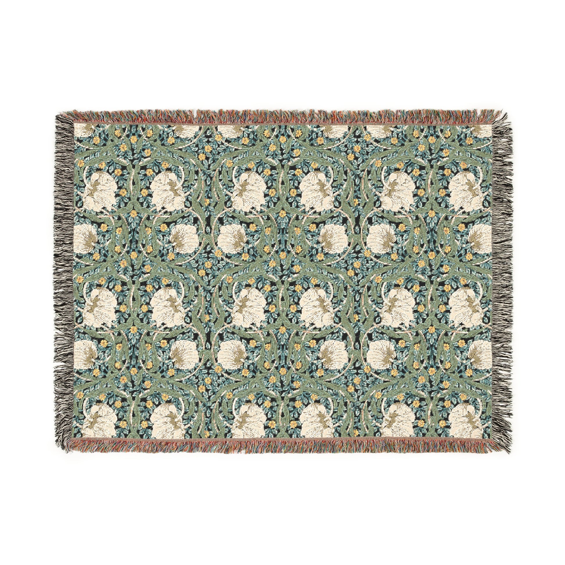 A woven cotton blanket with a green and floral pattern, featuring a colorful fringed edge.