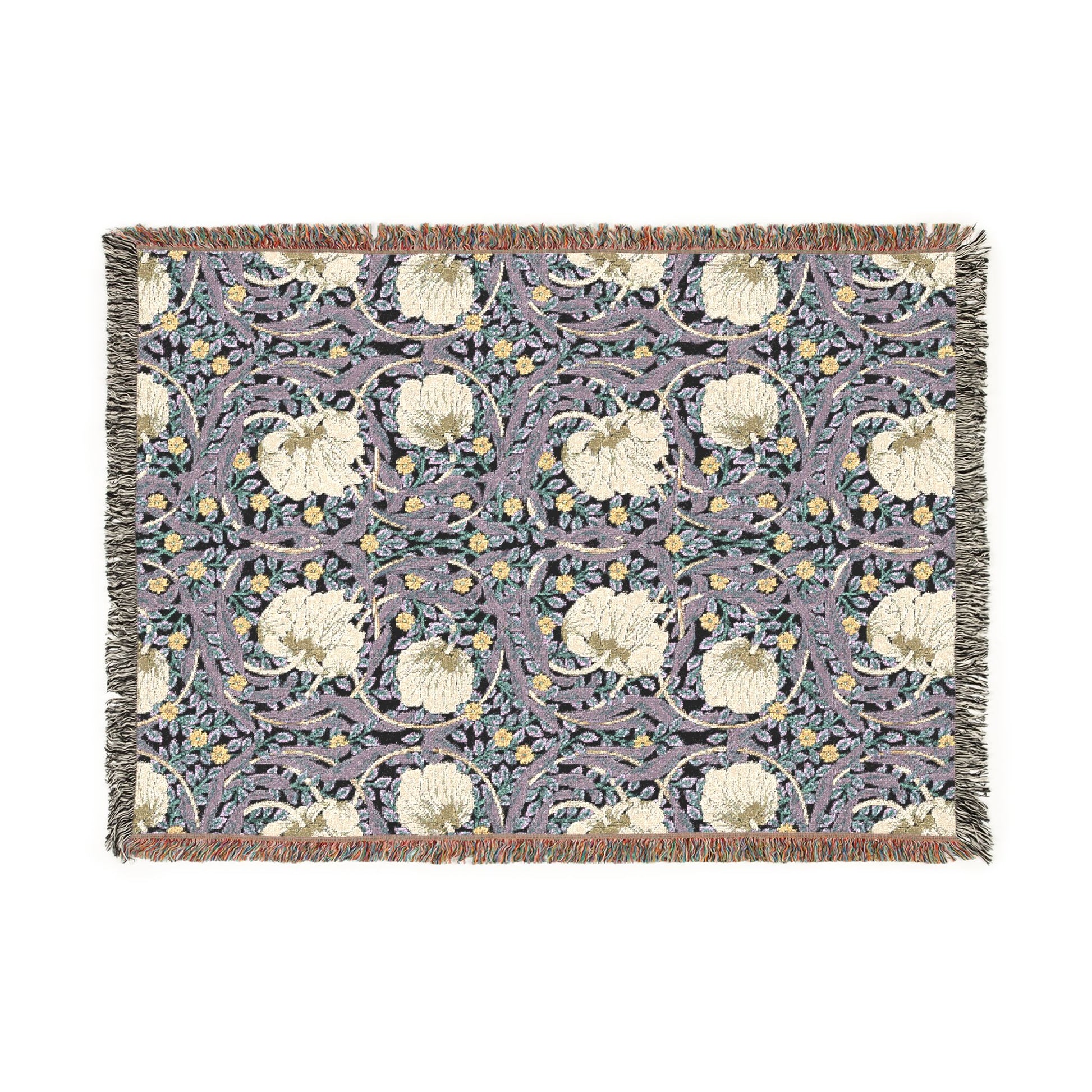 Floral patterned rug with white flowers on a purple background