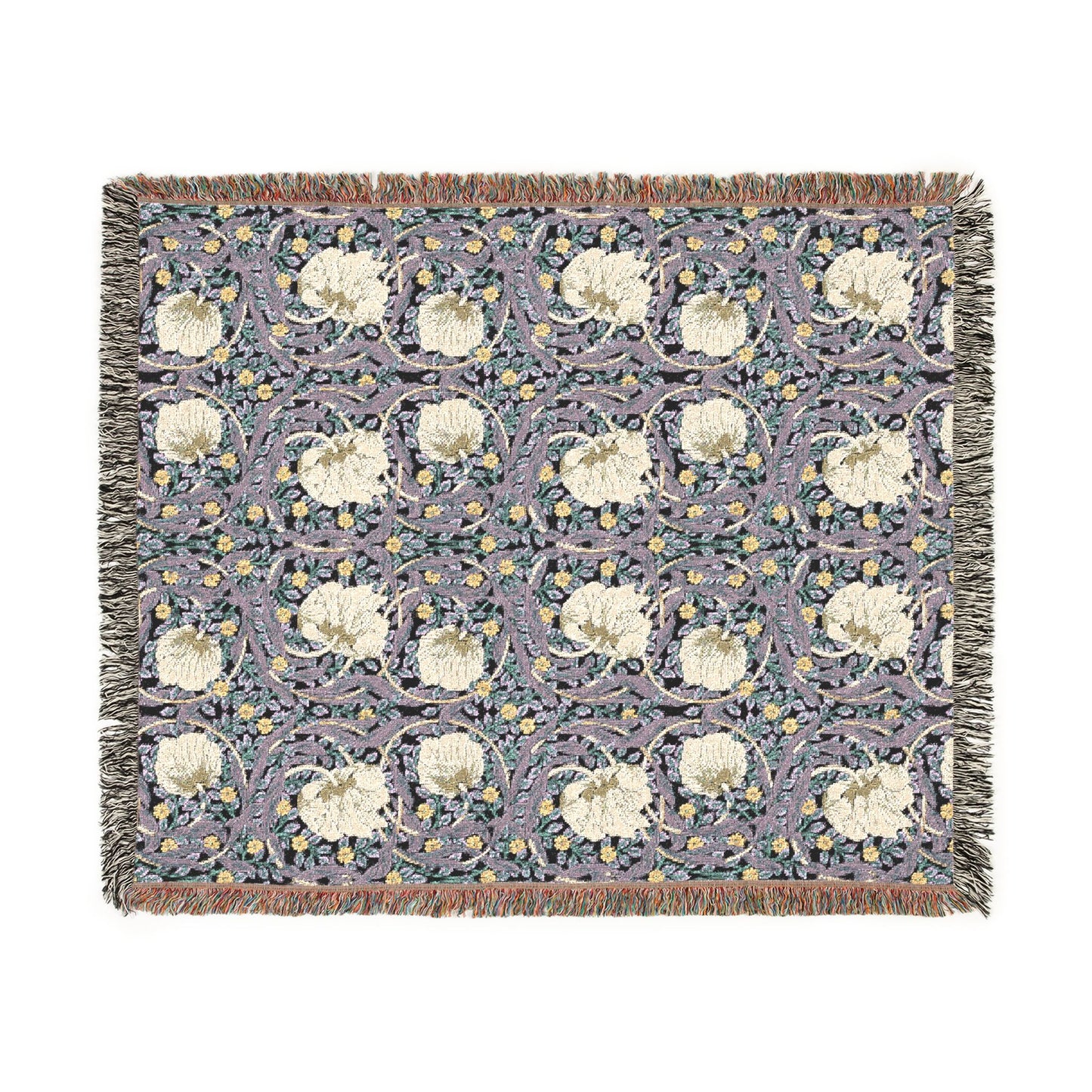 Floral patterned throw blanket with white flowers on a blue background
