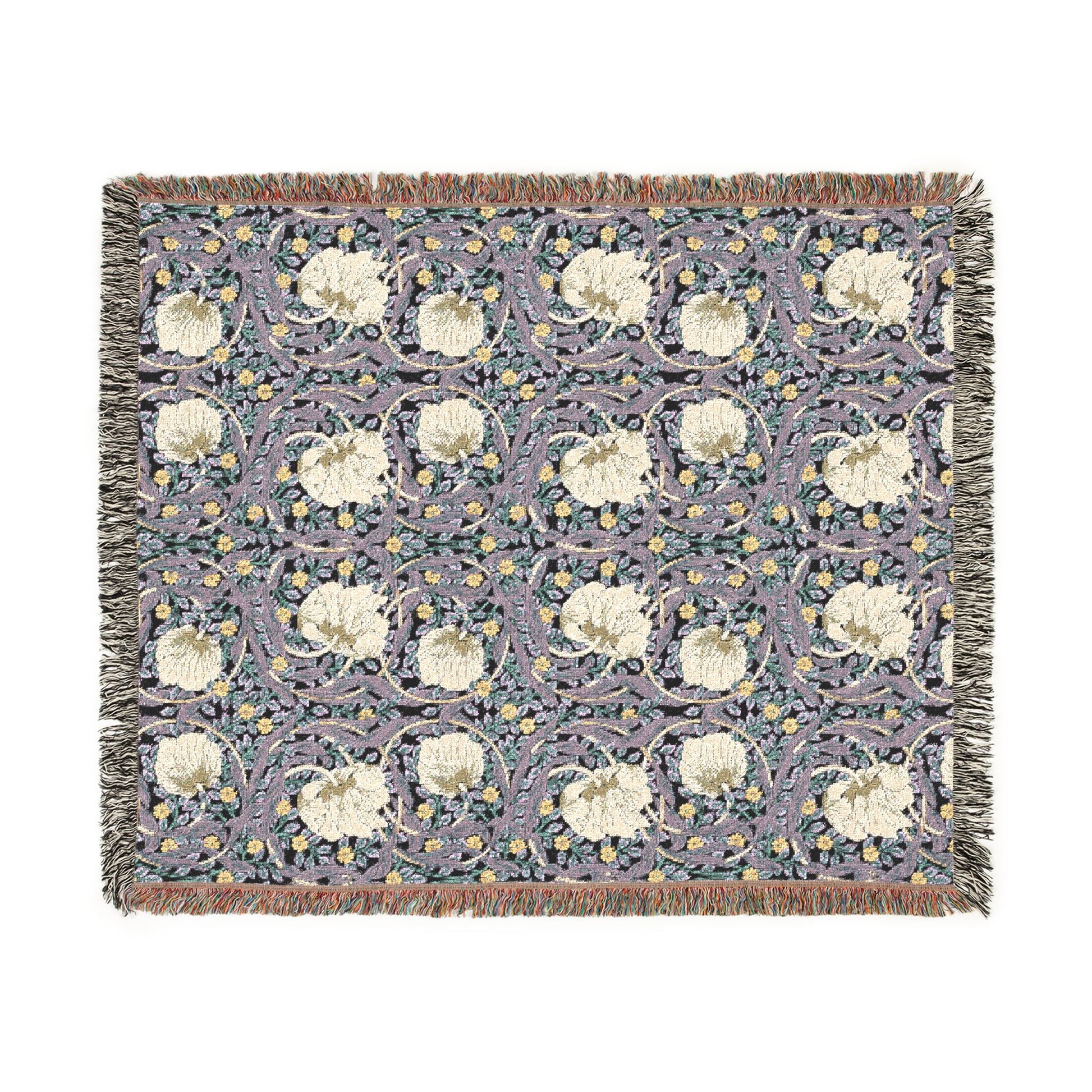 Floral patterned throw blanket with white flowers on a blue background