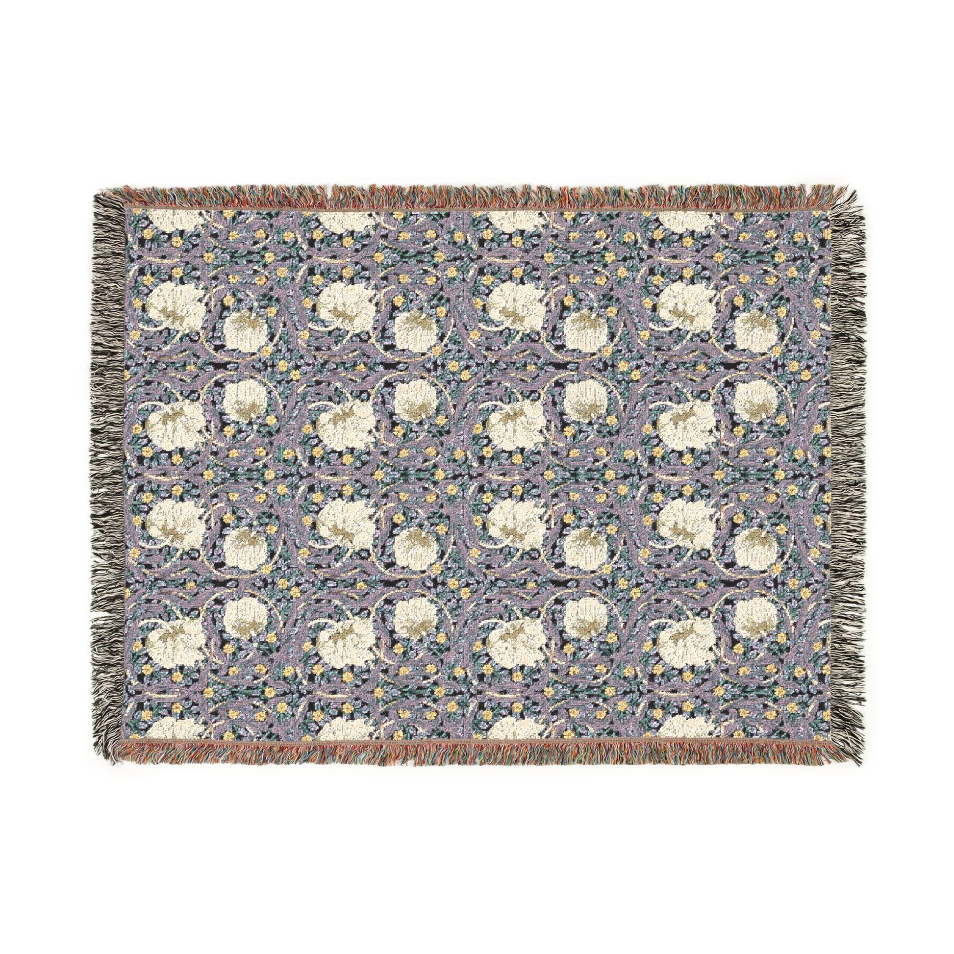 Floral patterned throw blanket with white flowers on a blue background
