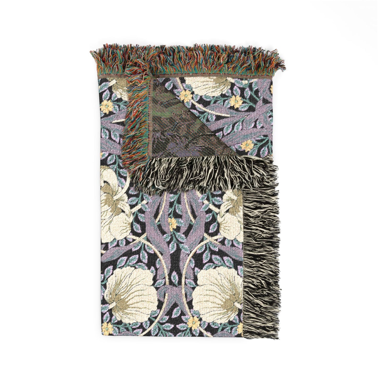 Decorative rug with floral pattern and fringe on a white background
