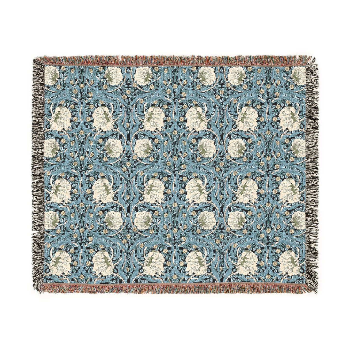 A woven cotton blanket with a geometric pattern in shades of blue and beige, featuring colorful fringed edges.
