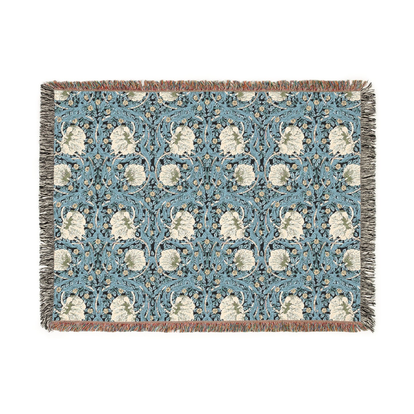 A woven cotton blanket with a geometric pattern in shades of blue and beige, featuring colorful fringed edges.