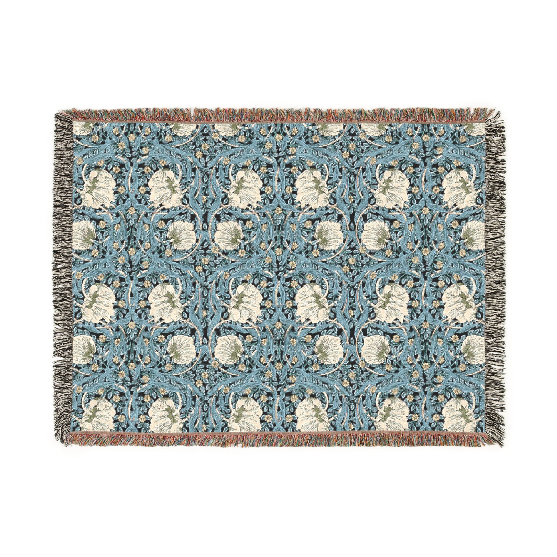 A woven cotton blanket with a geometric pattern in shades of blue and beige, featuring colorful fringed edges.