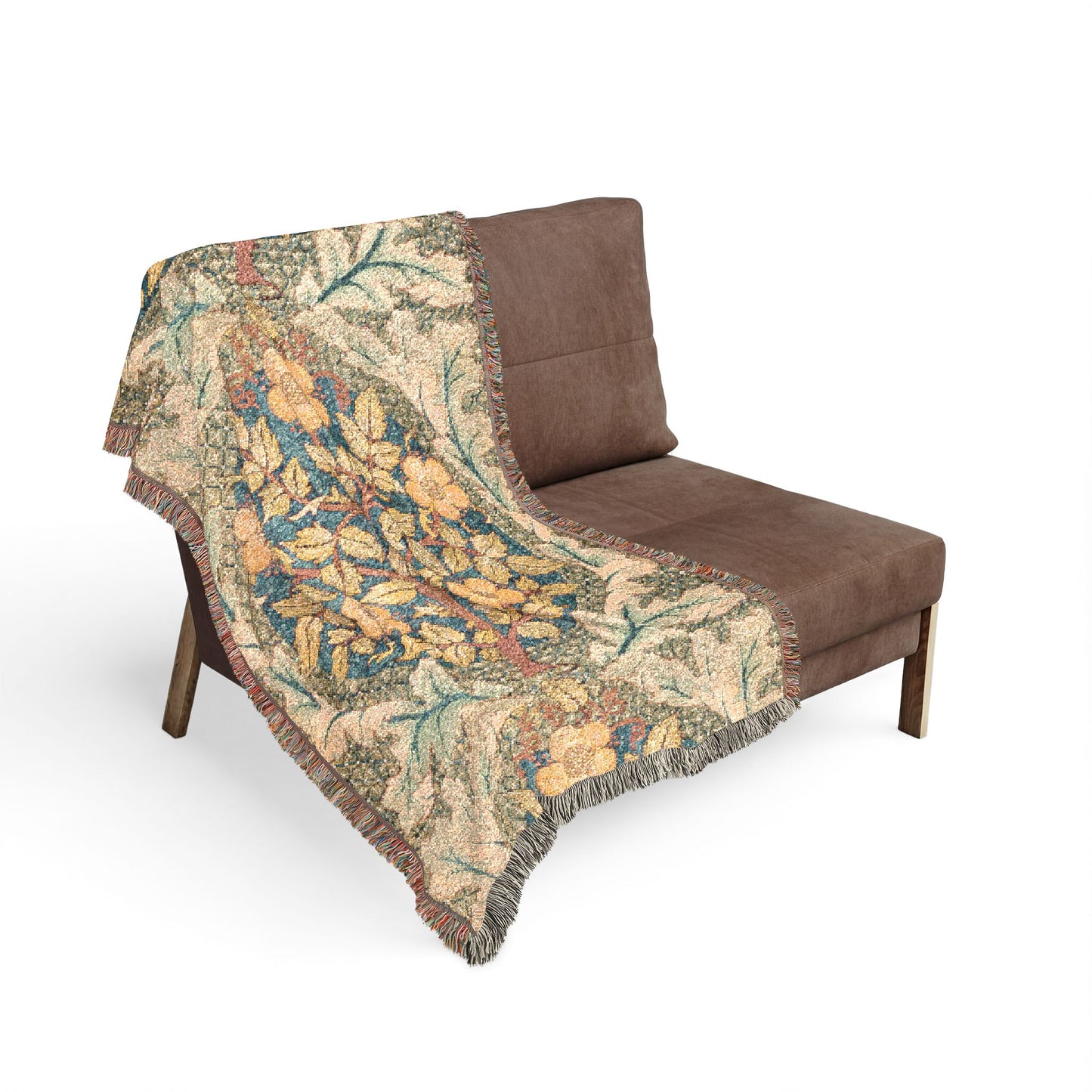 Brown chair with a patterned blanket draped over it on a white background