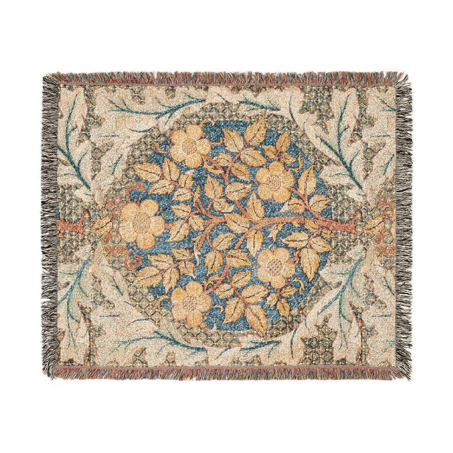 A woven cotton blanket with a floral pattern in shades of blue, beige, and yellow, featuring colorful fringed edges.