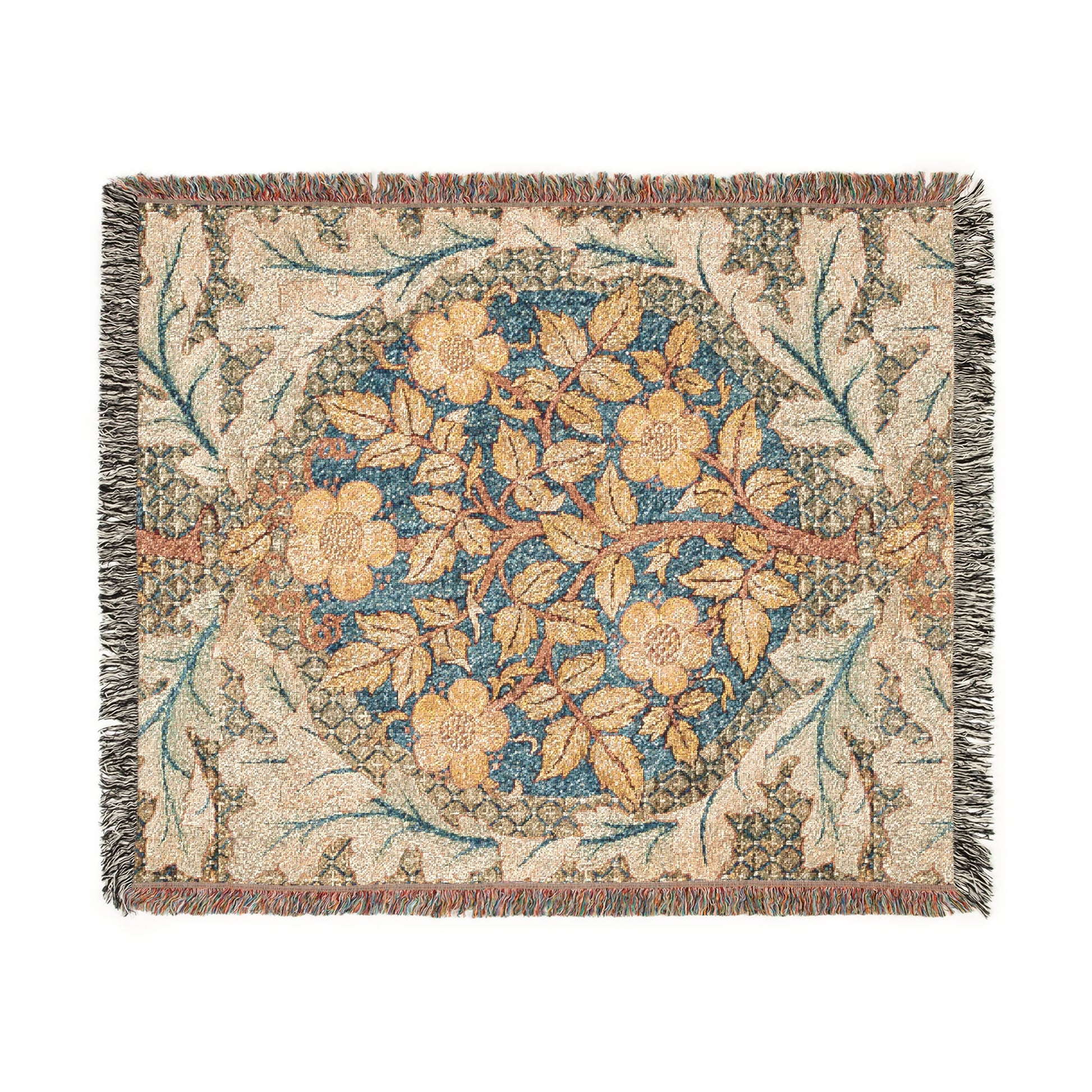 A woven cotton blanket with a floral pattern in shades of blue, beige, and yellow, featuring colorful fringed edges.