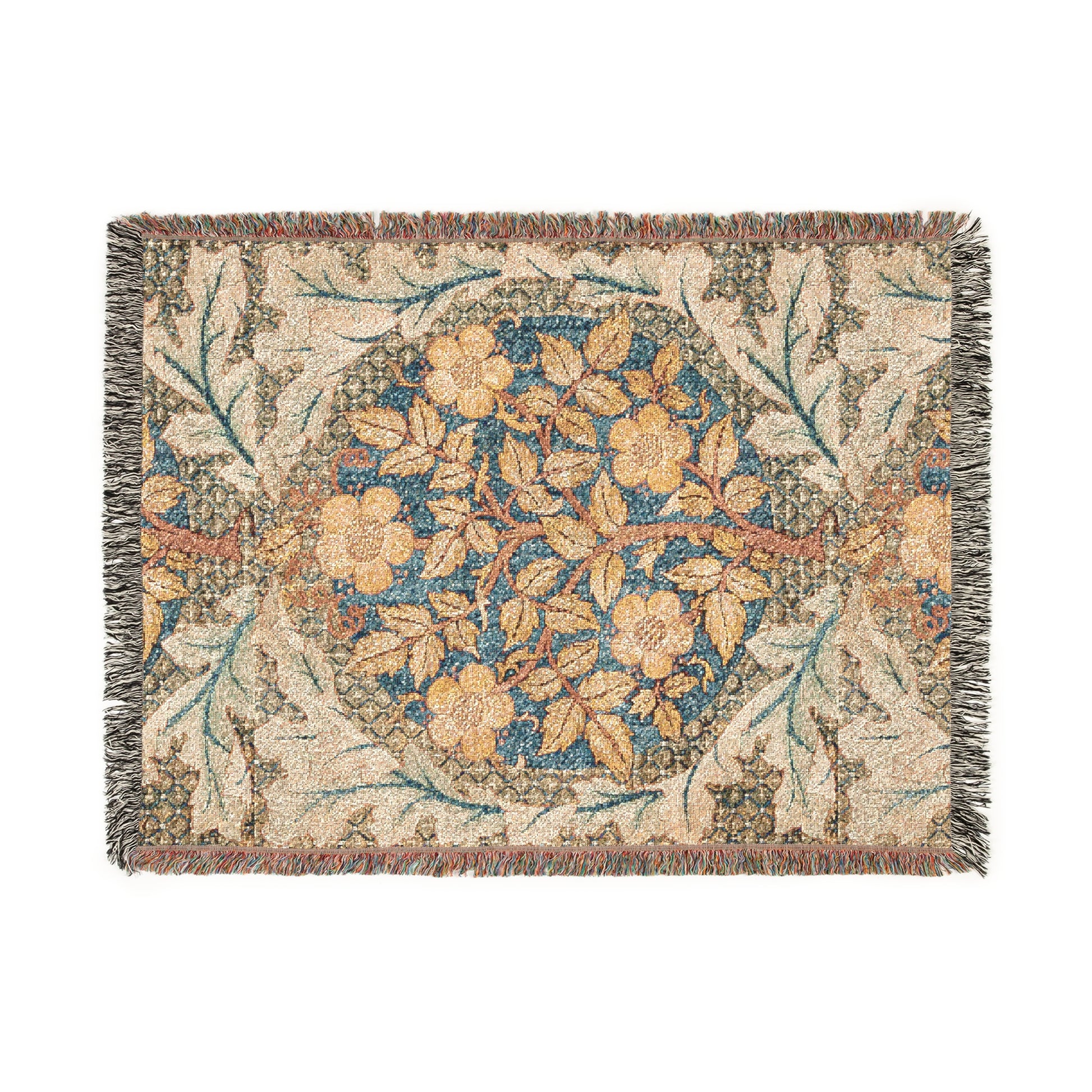 A woven cotton blanket with a floral pattern in shades of blue, beige, and yellow, featuring colorful fringed edges.