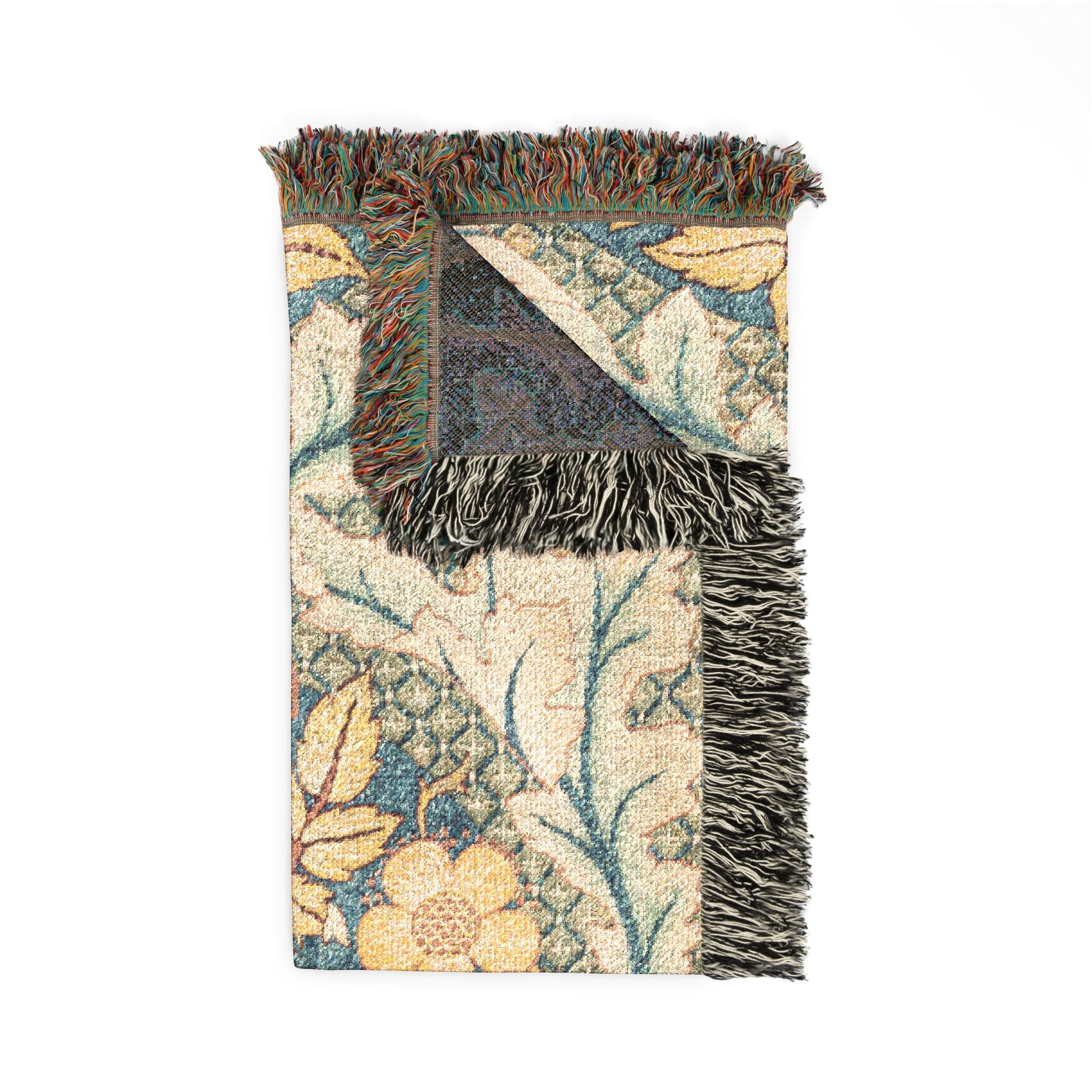 Decorative rug with floral pattern and fringe on a white background