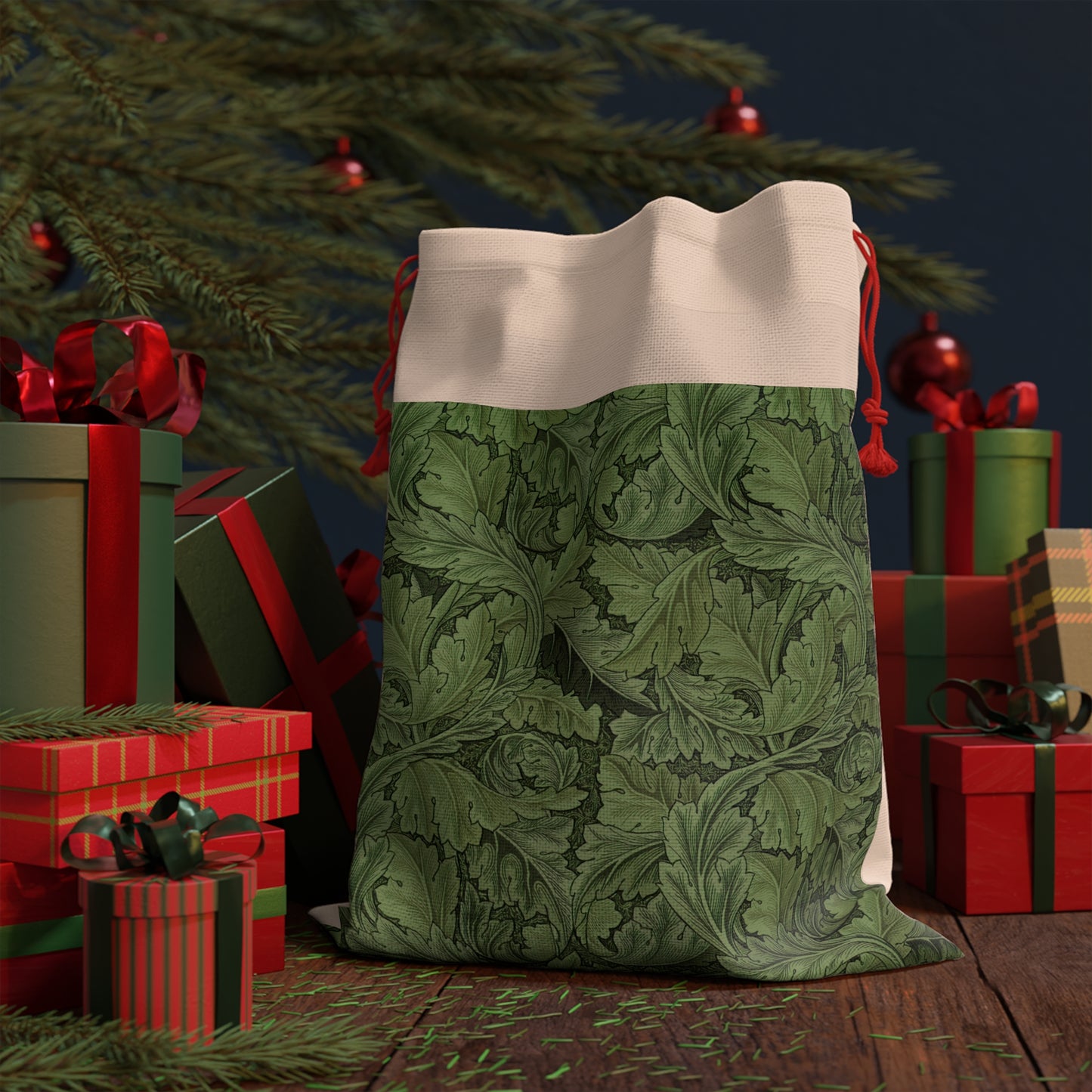 Christmas Santa Sack in linen inspired by William Morris in a pattern called Acanthus Collection (Green)