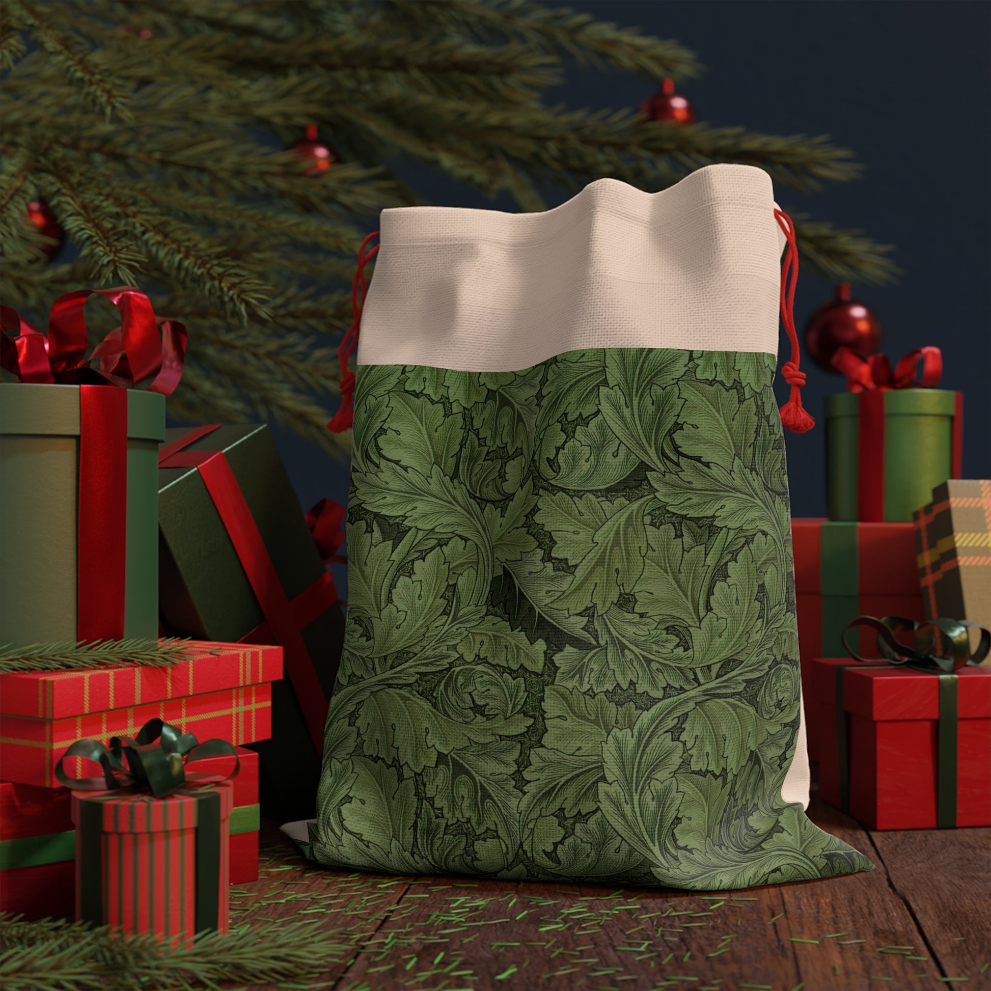 Christmas Santa Sack in linen inspired by William Morris in a pattern called Acanthus Collection (Green)