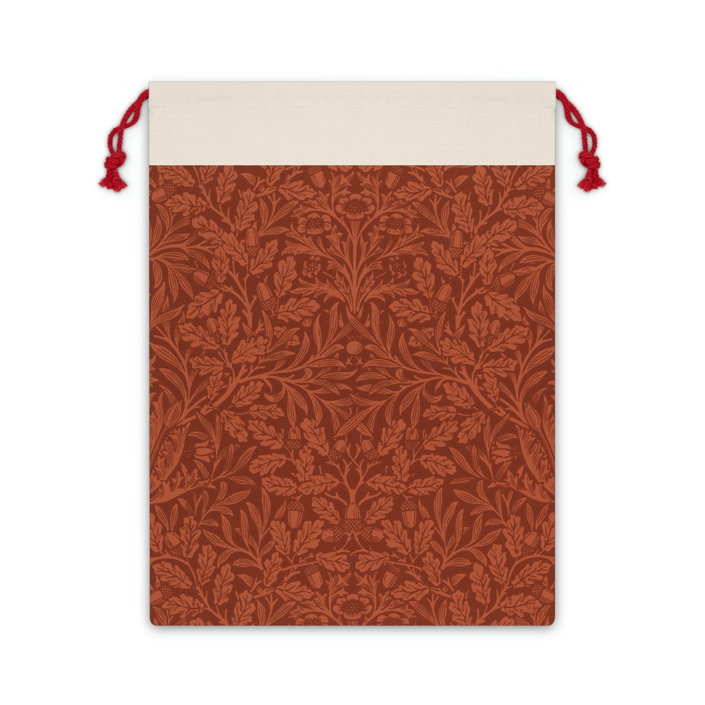 A rectangular Christmas gift bag with a vintage design, featuring an embossed acorn and oak leaf pattern on a beige background, finished with a red drawstring at the top.