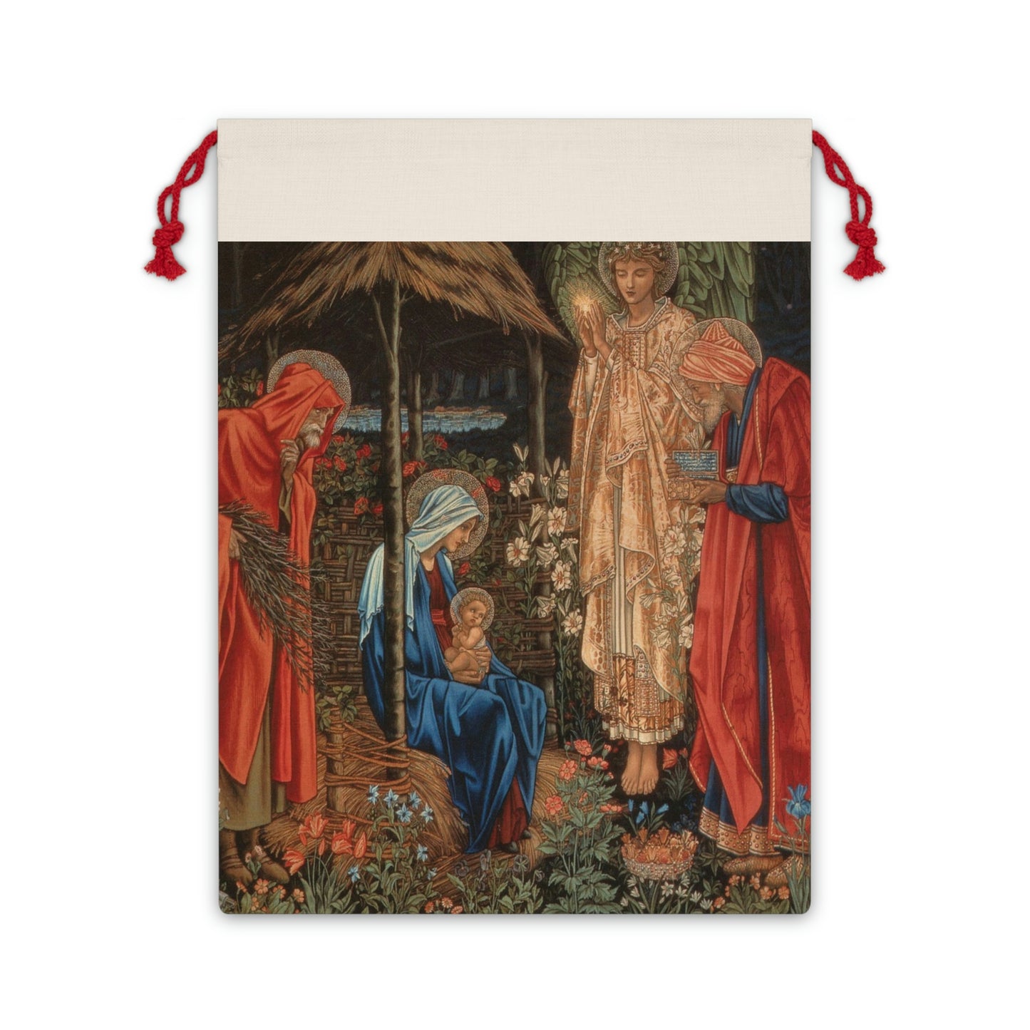 A Christmas-themed linen drawstring bag with a vintage design featuring figures in a nativity scene.