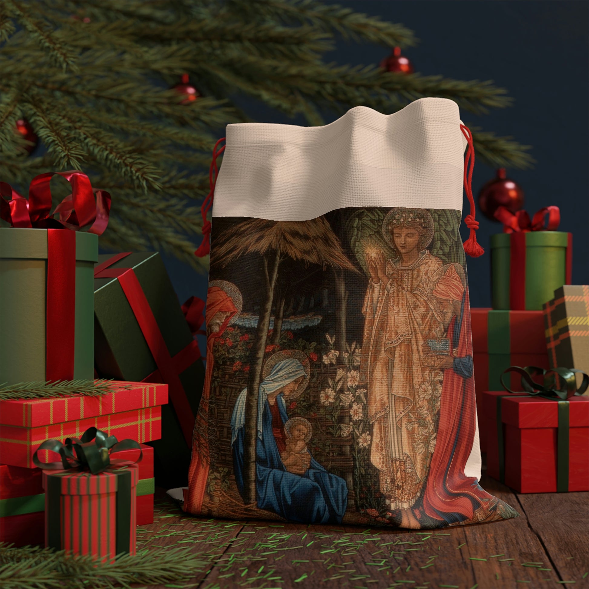 A Christmas-themed linen drawstring bag with a vintage design featuring figures in a nativity scene.