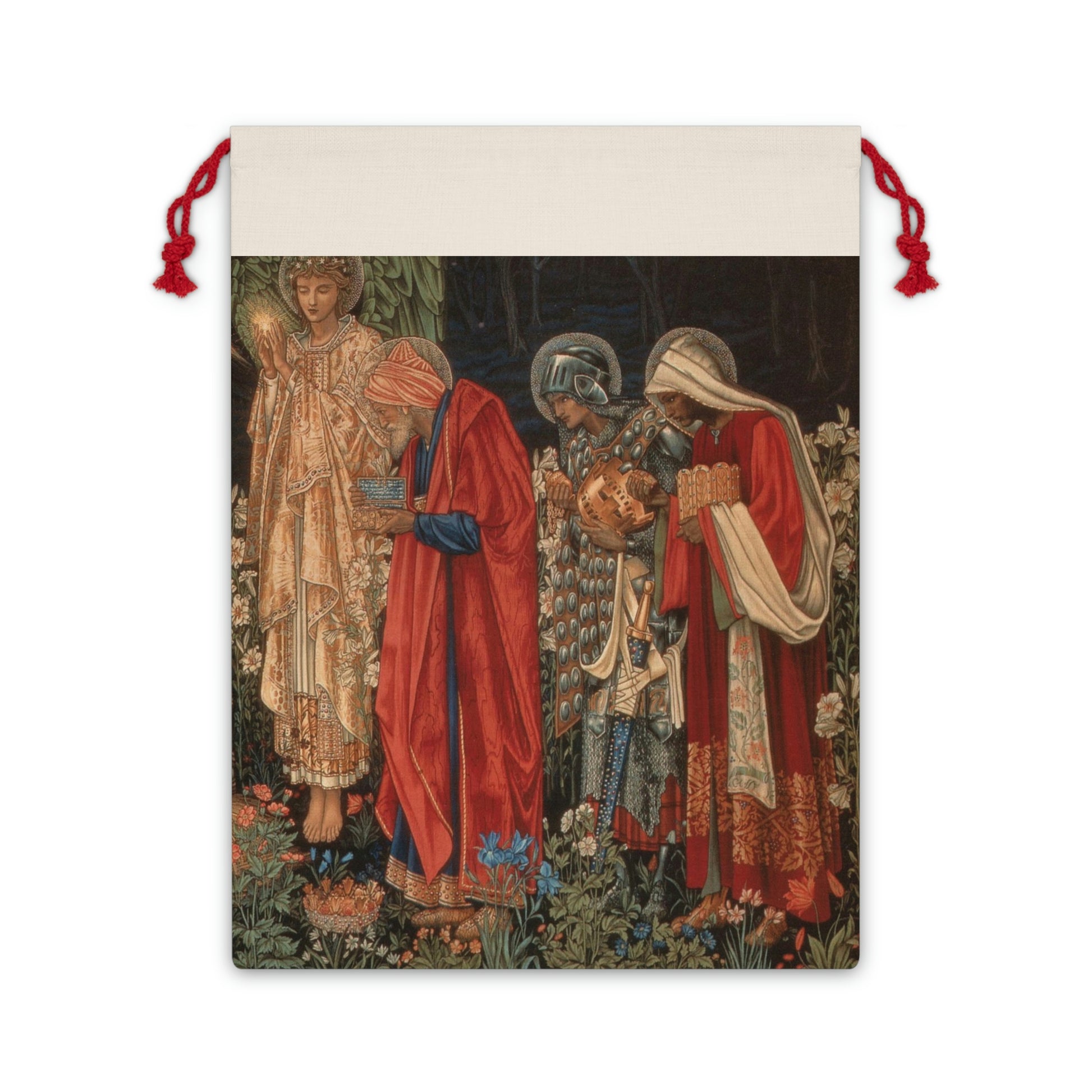 A Christmas-themed linen drawstring bag featuring an intricate design of the Three Wise Men in vibrant colours against a white background, with a red drawstring at the top.