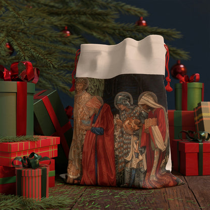 A Christmas-themed linen drawstring bag featuring an intricate design of the Three Wise Men in vibrant colours against a white background, with a red drawstring at the top.