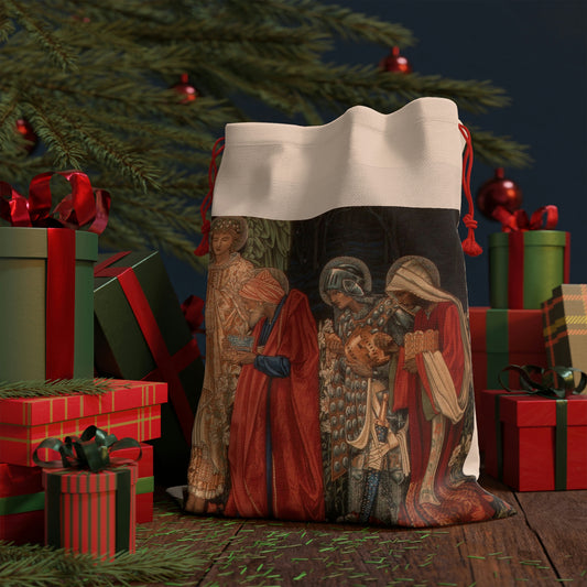 A Christmas-themed linen drawstring bag featuring an intricate design of the Three Wise Men in vibrant colours against a white background, with a red drawstring at the top.