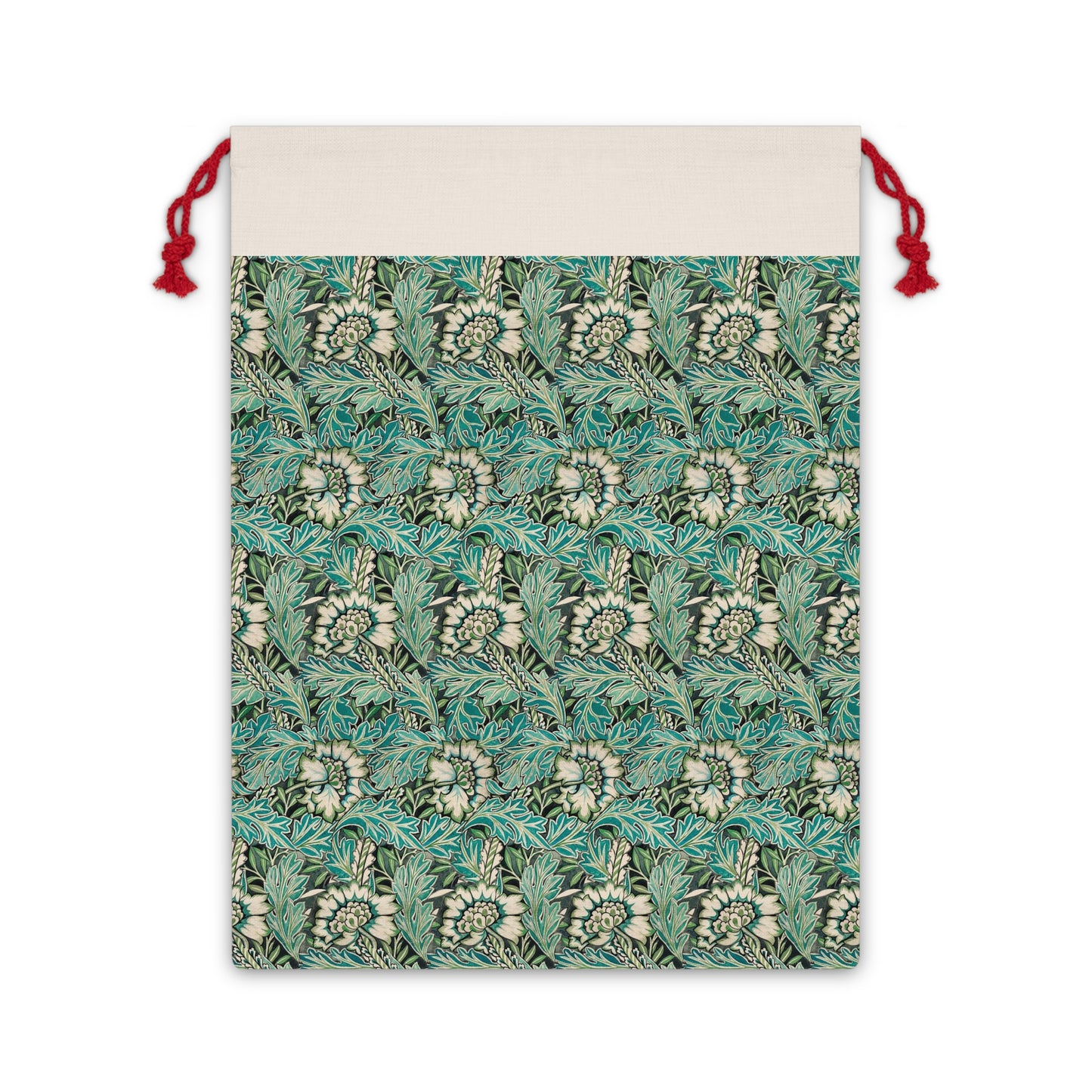 A beige linen drawstring bag with a floral pattern inspired by William Morris - Anemone Collection.