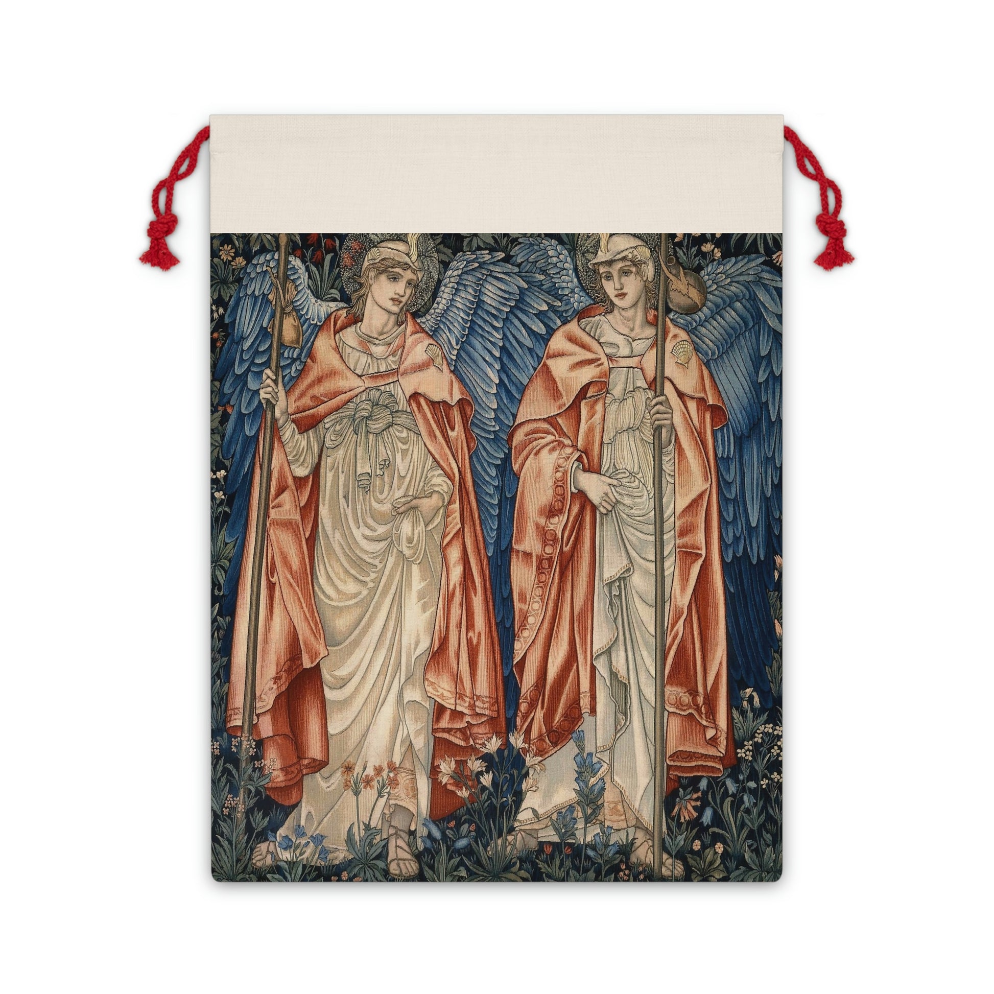 A linen drawstring gift bag with a Christmas design, featuring angelic figures in vibrant colours on a white background, with a red drawstring at the top.