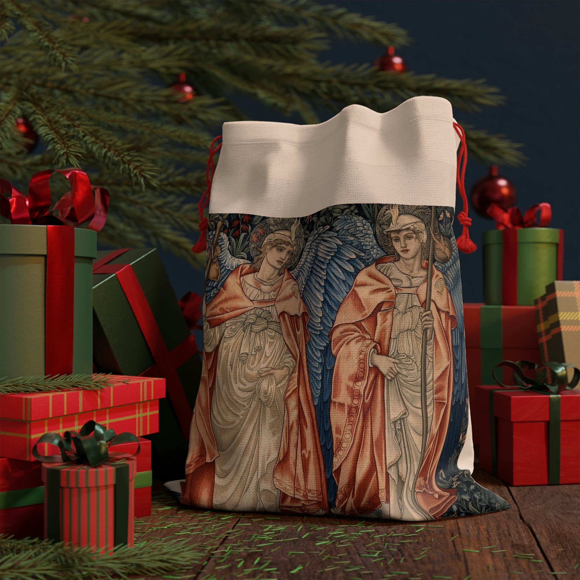 A linen drawstring gift bag with a Christmas design, featuring angelic figures in vibrant colours on a white background, with a red drawstring at the top.