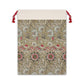 A rectangular Christmas-themed linen drawstring bag with a floral and geometric pattern, primarily in beige, red, and green colors.