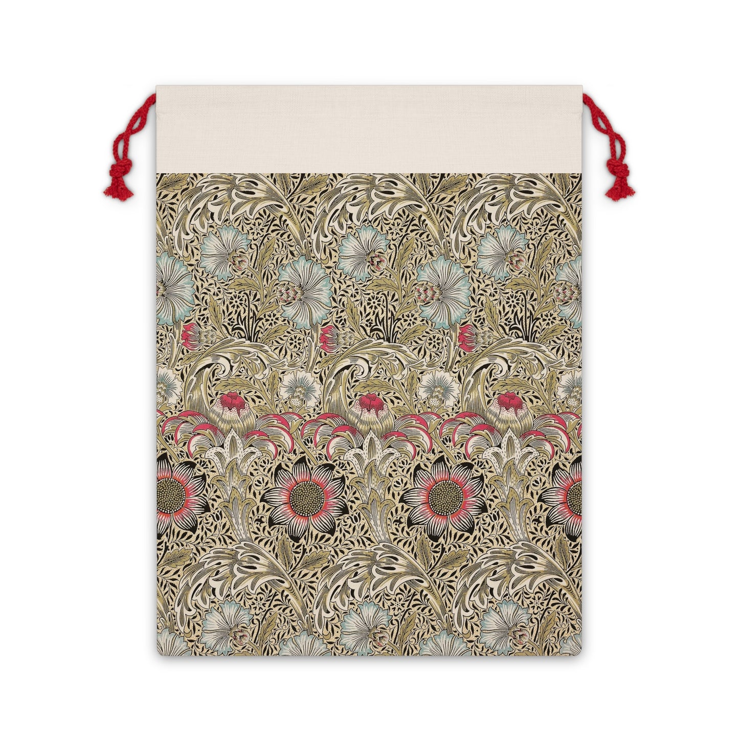 A rectangular Christmas-themed linen drawstring bag with a floral and geometric pattern, primarily in beige, red, and green colors.