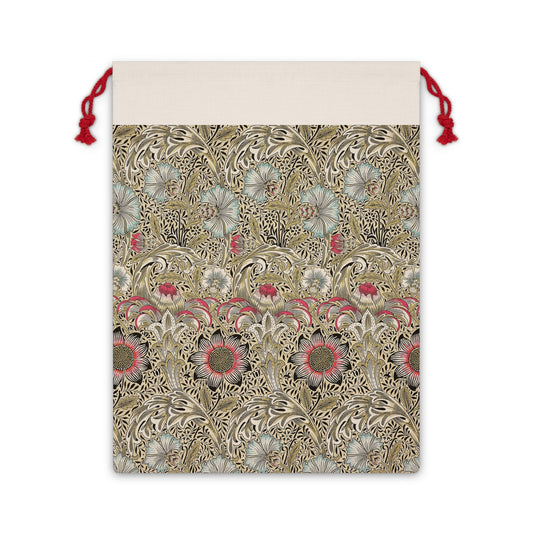 A rectangular Christmas-themed linen drawstring bag with a floral and geometric pattern, primarily in beige, red, and green colors.