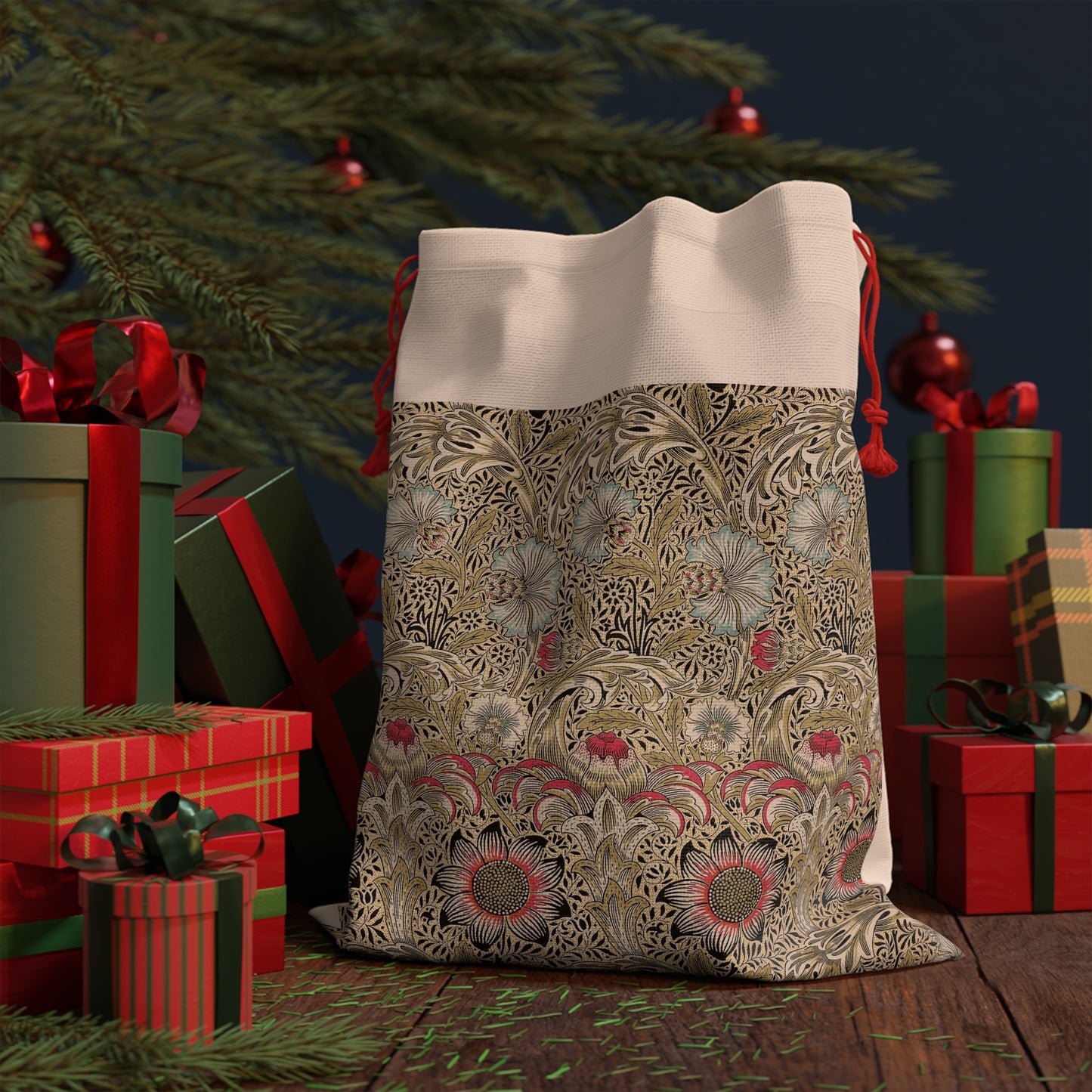 A rectangular Christmas-themed linen drawstring bag with a floral and geometric pattern, primarily in beige, red, and green colours.