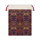 A rectangular Christmas-themed linen drawstring bag with a vintage floral and birds pattern, primarily in red and green colours, inspired by the art of William Morris.