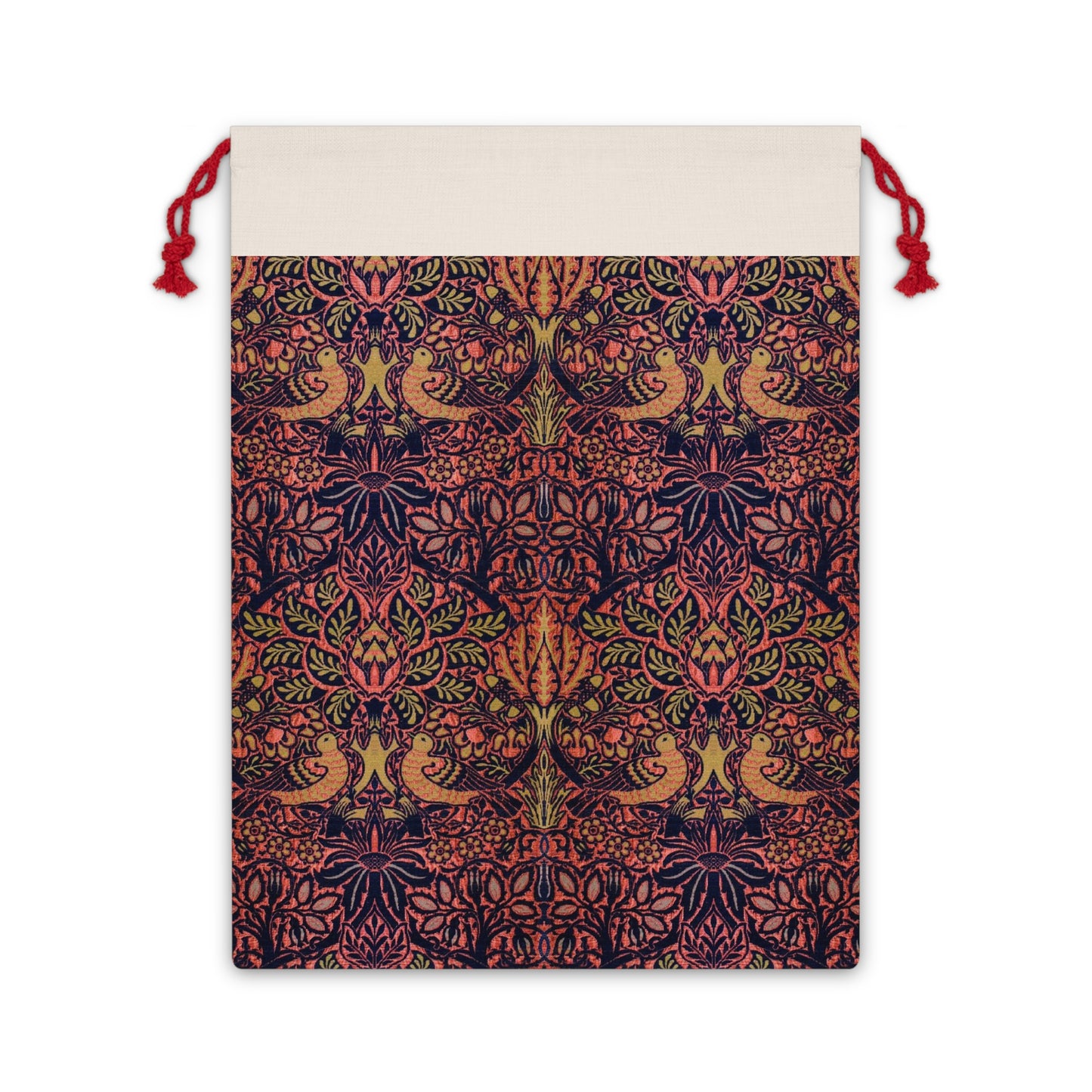 A rectangular Christmas-themed linen drawstring bag with a vintage floral and birds pattern, primarily in red and green colours, inspired by the art of William Morris.