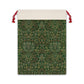 A rectangular Christmas gift bag with a floral pattern inspired by William Morris, in a green and white colour scheme, featuring a drawstring closure at the top.