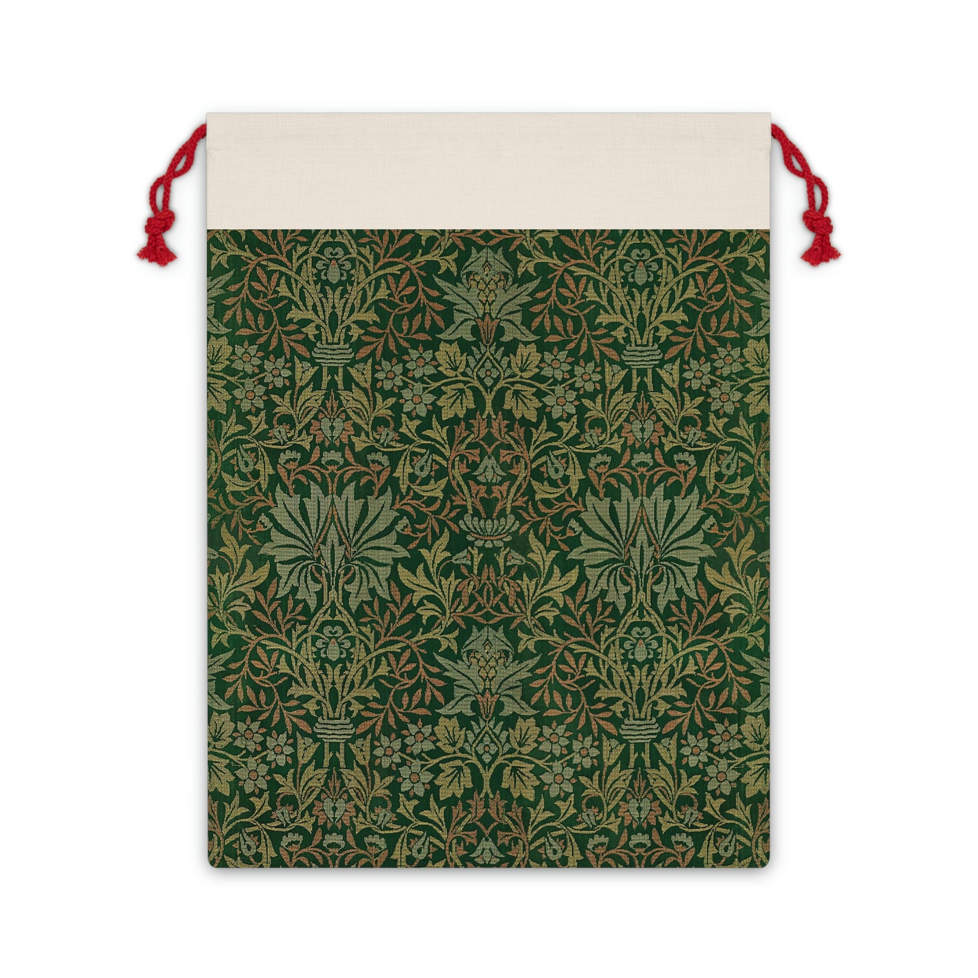 A rectangular Christmas gift bag with a floral pattern inspired by William Morris, in a green and white colour scheme, featuring a drawstring closure at the top.